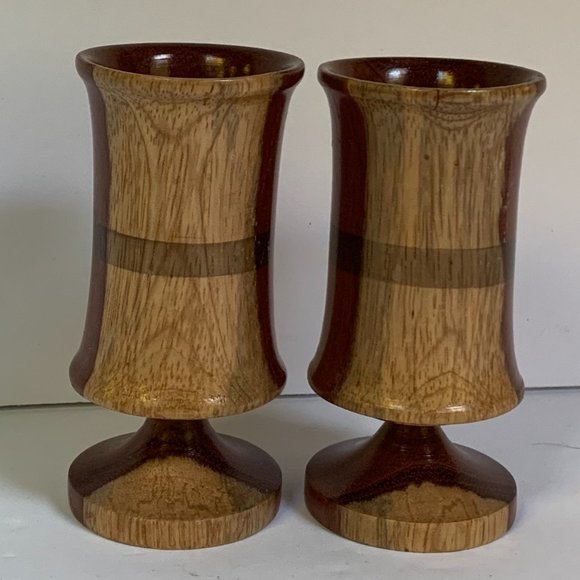 2 Turned Wood Cordial Glasses Handcrafted Pedestal Rustic Barware Bar Cart - Picture 3 of 6